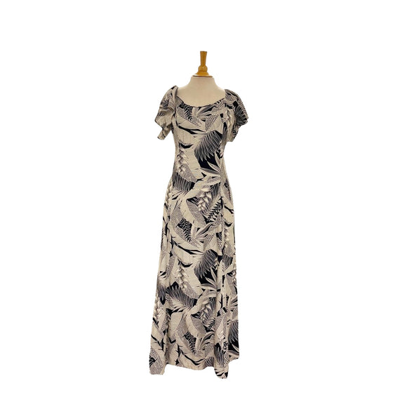 Flare Sleeve  Hawaiian plants Print Rayon Dress - Navy