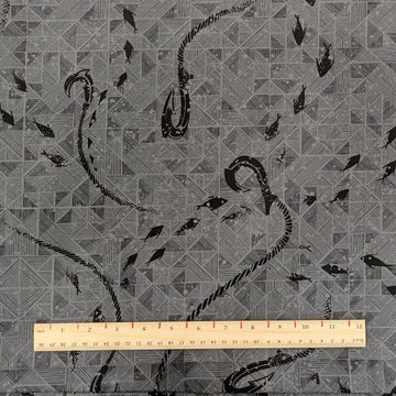 Gray Fish Hook (Makau) & Geometric Hawaiian Fabric – 100% Cotton - 0