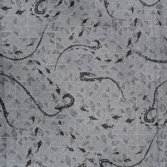 Gray Fish Hook (Makau) & Geometric Hawaiian Fabric – 100% Cotton
