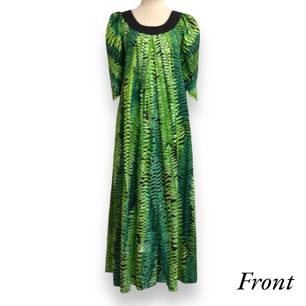 Green Tropical Leaf Muumuu with Velvet Yoke MR144