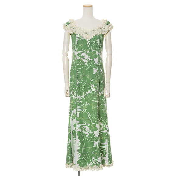 Green Hibiscus Matching Outfits – Men’s Aloha Shirt & Women’s Ruffle Dress