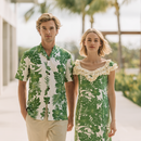 Green Hibiscus Matching Outfits – Men’s Aloha Shirt & Women’s Ruffle Dress-1