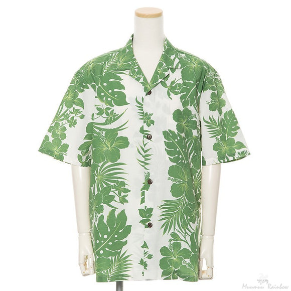 Green Hibiscus Matching Outfits – Men’s Aloha Shirt & Women’s Ruffle Dress