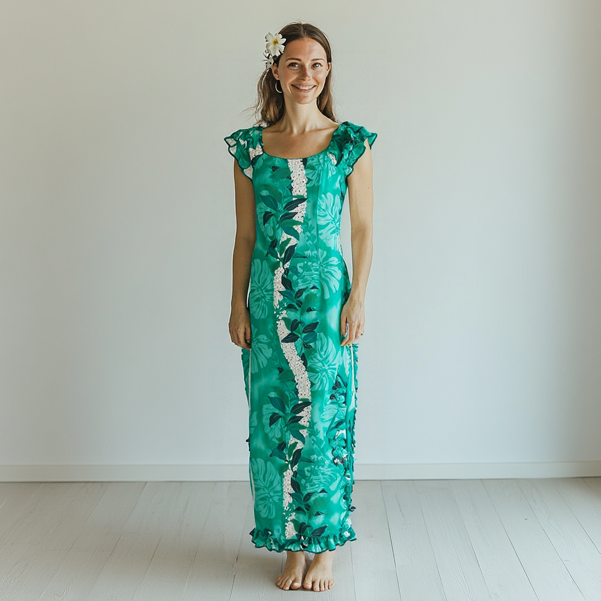 red blue dress 1950s Floral Print by Merl Beitling Sage Green Maxi Dress color:Mid Denim BSH