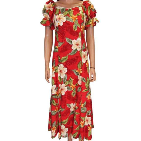 Red Orchid Matching Outfits – Hawaiian Aloha Shirt & Elegant Long Dress