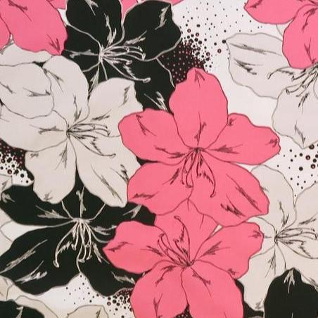 Large Pink and Black Flower  Fabric-White