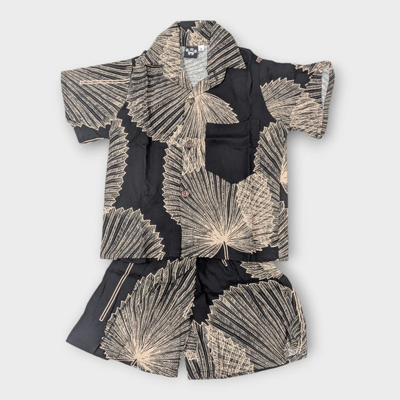 Kids Boy's Rayon Hawaiian Shirt & Shorts Set with Loulu Palm Leaf Print