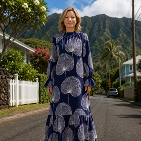 Elegant Long Sleeve Hawaiian Maxi Dress with High Neck & Ruffled Cuffs – Loulu Palm Leaf Print