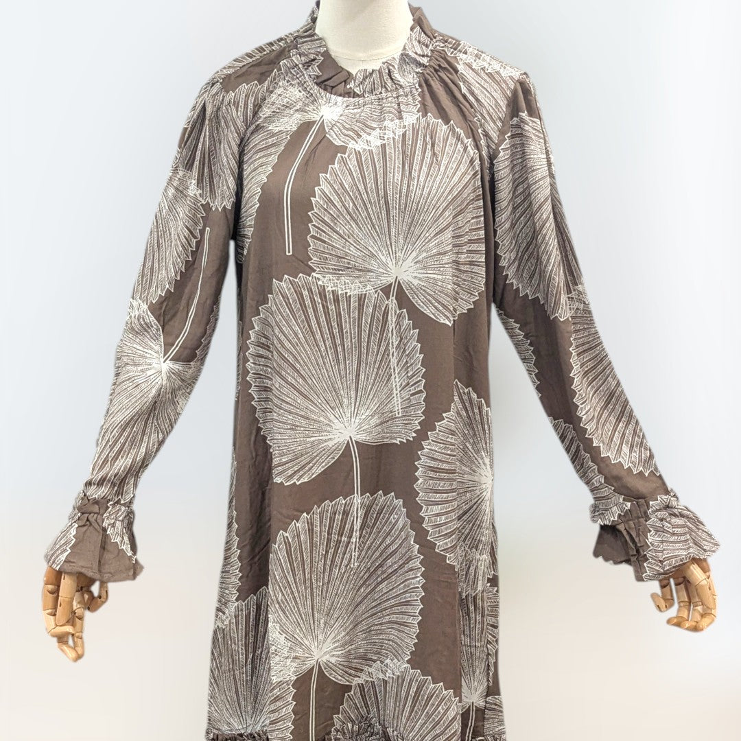 long sleeve moomoo dress Elegant Long Sleeve Hawaiian Maxi Dress with High Neck & Ruffled Cuffs – Loulu Palm Leaf Print Navy