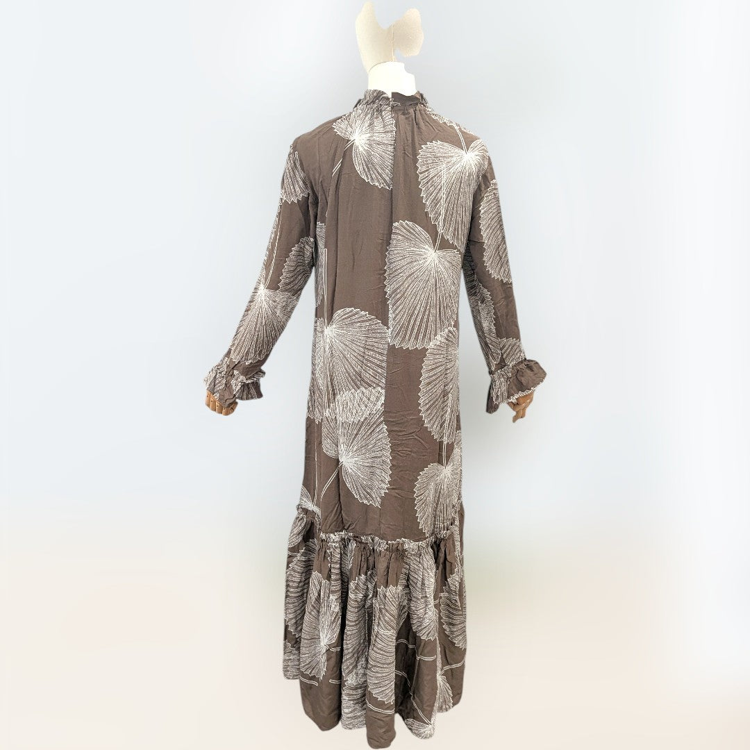 long sleeve moomoo dress Elegant Long Sleeve Hawaiian Maxi Dress with High Neck & Ruffled Cuffs – Loulu Palm Leaf Print Navy