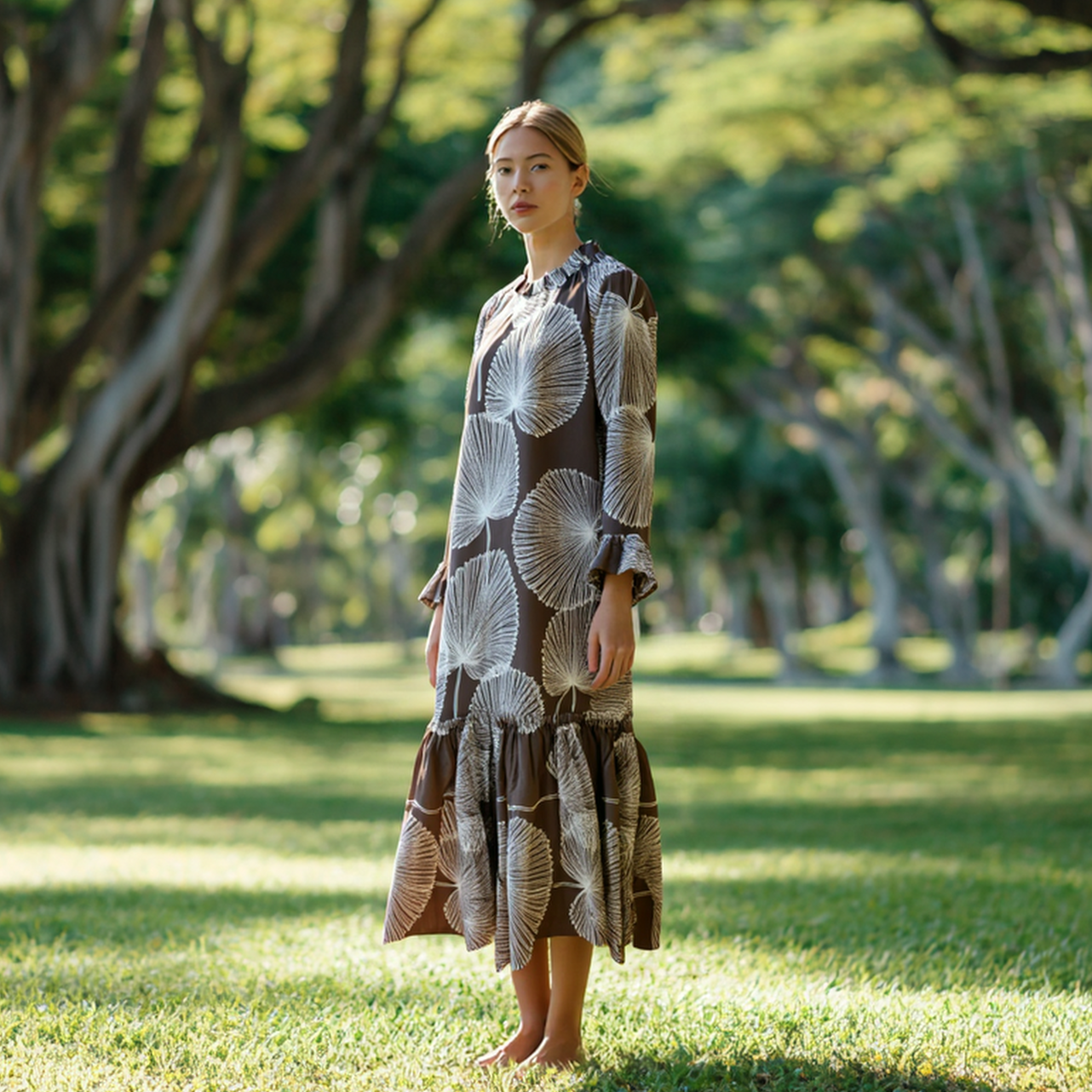 Elegant Long Sleeve Hawaiian Maxi Dress with High Neck & Ruffled Cuffs |  Muumuu Mall by Muumuu Rainbow
