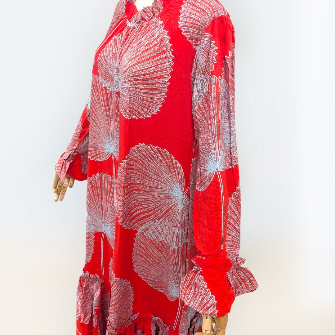Elegant Long Sleeve Hawaiian Maxi Dress with High Neck & Ruffled Cuffs – Loulu Palm Leaf Print Navy