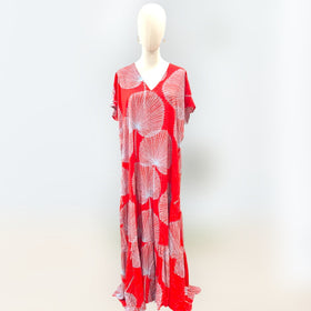 Buy red Women’s Relaxed V-Neck Rayon Dress with Ruffle Sleeves in the Loulu Print