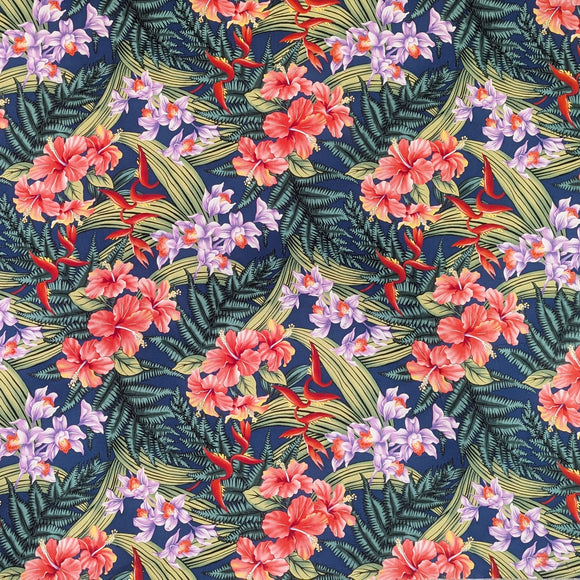 Navy Tropical Hibiscus & Orchid Hawaiian Fabric – Polycotton