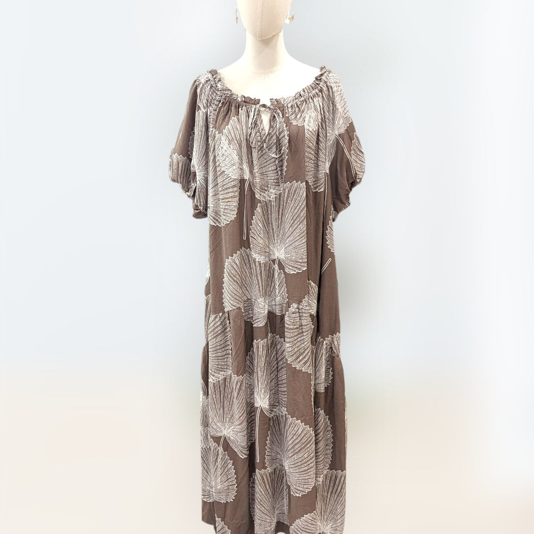 off shoulder balloon dress Off-shoulder Balloon Sleeve Dress with Hem Ruffle / Loulu Palm Leaf Print Beige / 2XL