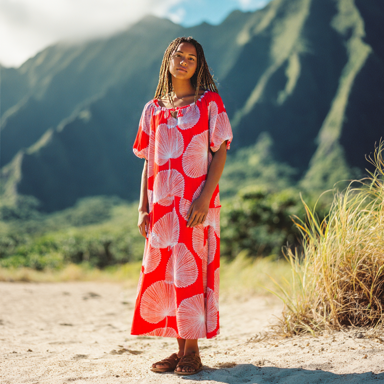 off shoulder balloon dress Off-shoulder Balloon Sleeve Dress with Hem Ruffle / Loulu Palm Leaf Print Beige / 2XL