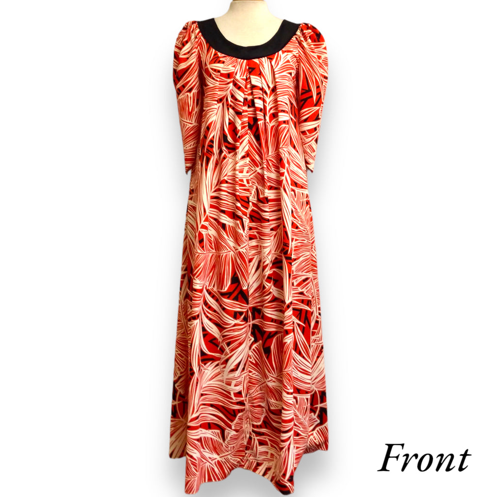 Red Palm Leaf  Black Velvet Collar Muumuu Dress 2081