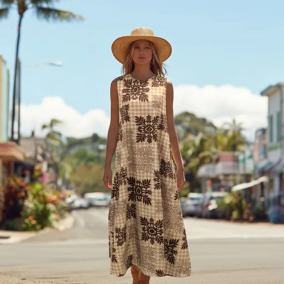 Palaka Hawaiian Quilt Print 2-Way Neck A-Line Dress / MR143 Beige / L/XL Palaka Hawaiian Quilt Print 2-Way Neck A-Line Dress / MR143 Beige / L/XL
