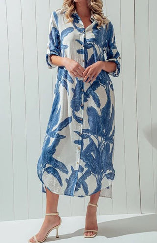 Palm Leaf Light Weight Breezy Shirt Dress - Blue and Green