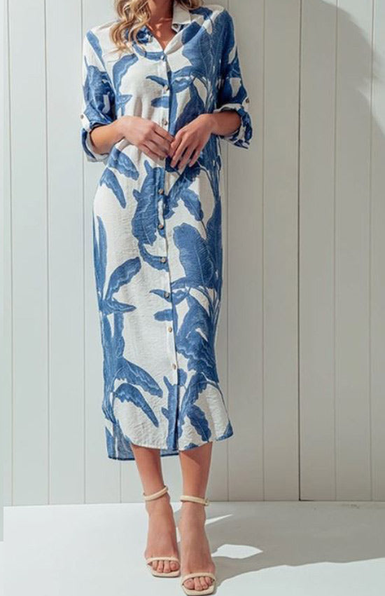 Palm Leaf Light Weight Breezy Shirt Dress - Blue and Green