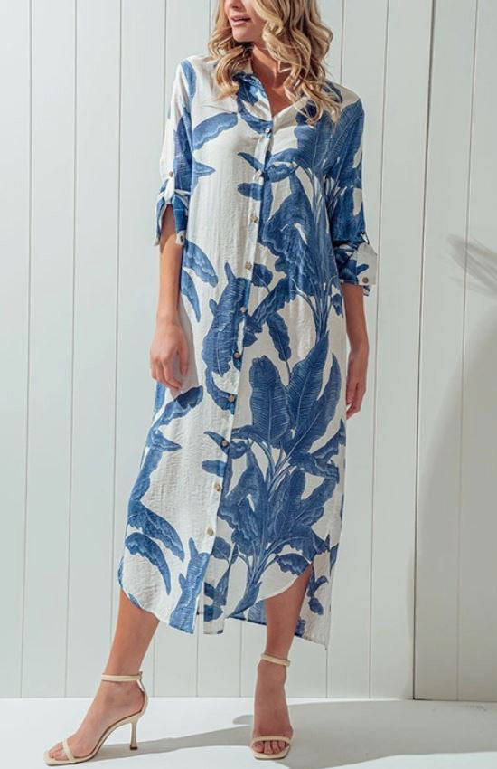 Palm Leaf Light Weight Breezy Shirt Dress - Blue and Green