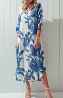 Palm Leaf Light Weight Breezy Shirt Dress - Blue and Green-4