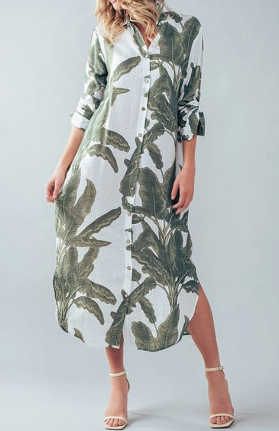 Palm Leaf Light Weight Breezy Shirt Dress - Blue and Green