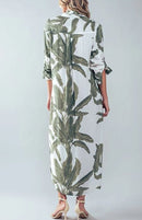 Palm Leaf Light Weight Breezy Shirt Dress - Blue and Green-8