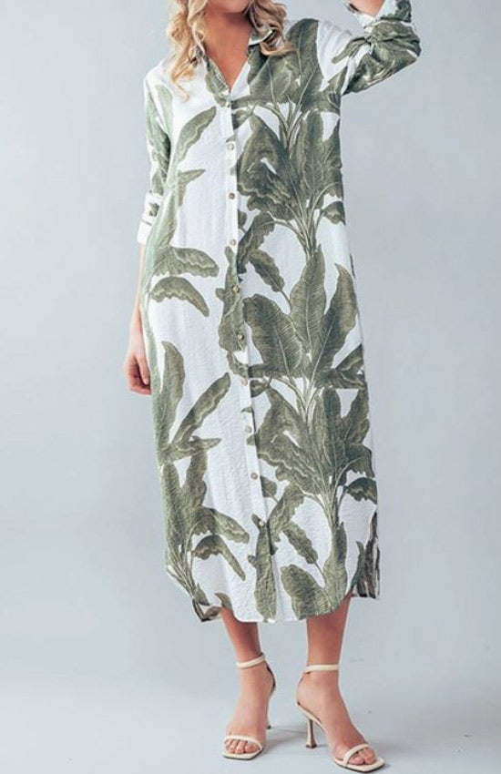 Palm Leaf Light Weight Breezy Shirt Dress - Blue and Green