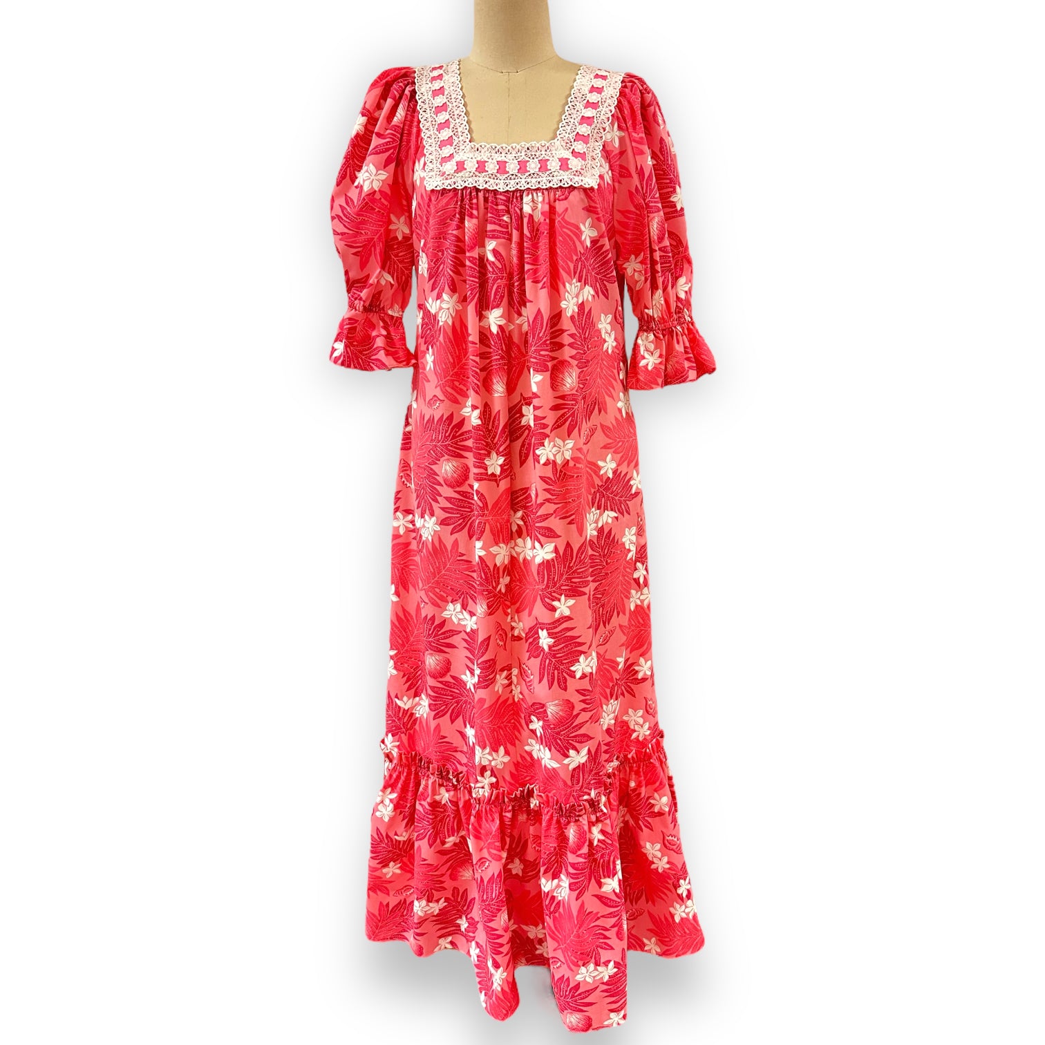 Bright Pink Plumeria and Fern Print Lace trim Muumuu 8891 - 0