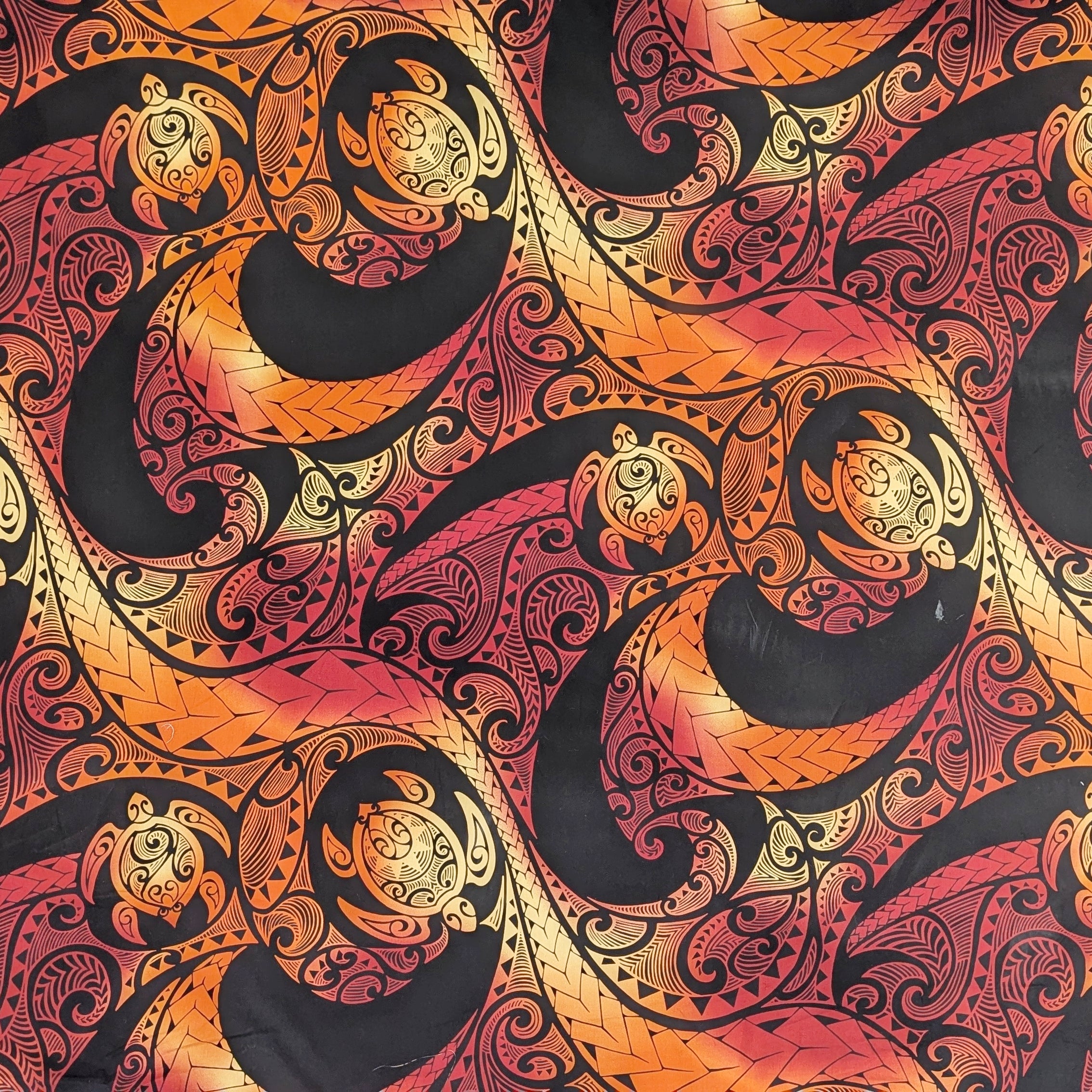 Polynesian Pattern Orange Polynesian Honu Wave Hawaiian Fabric – Polycotton (Black & Sunset Oran ...