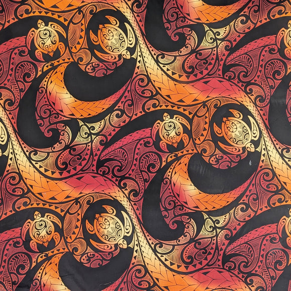 Polynesian Honu Wave Hawaiian Fabric – Polycotton (Black & Sunset Orange)