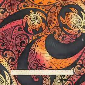 Polynesian Honu Wave Hawaiian Fabric – Polycotton (Black & Sunset Orange) - 0