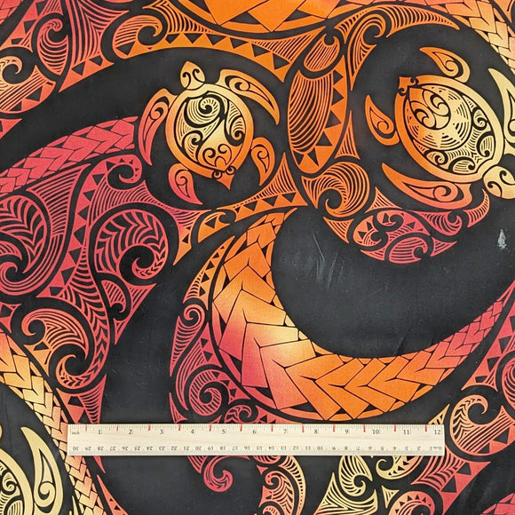 Polynesian Honu Wave Hawaiian Fabric – Polycotton (Black & Sunset Orange)