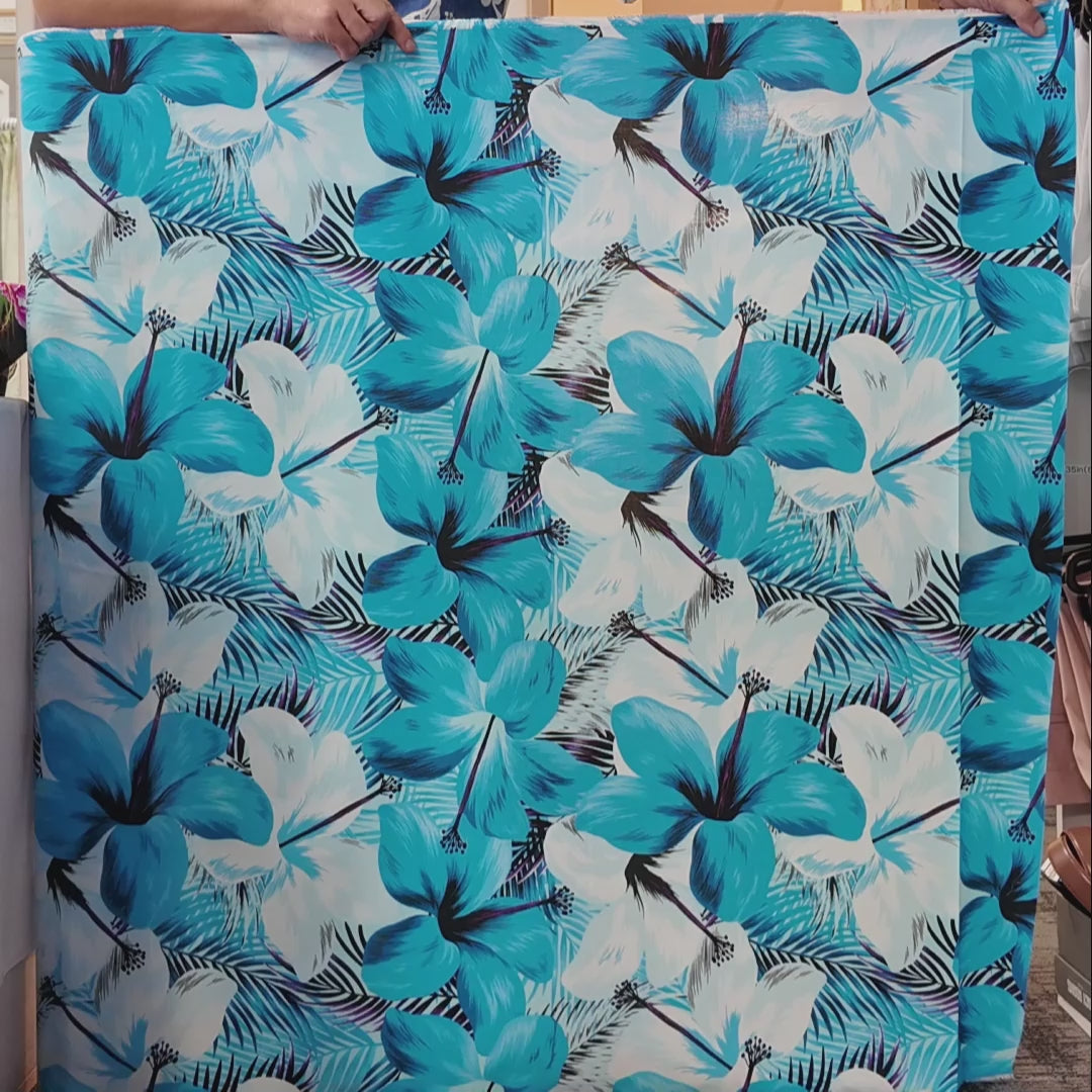 Blue & White Hibiscus Print Fabric Polycotton -1223FB-BLU3-5