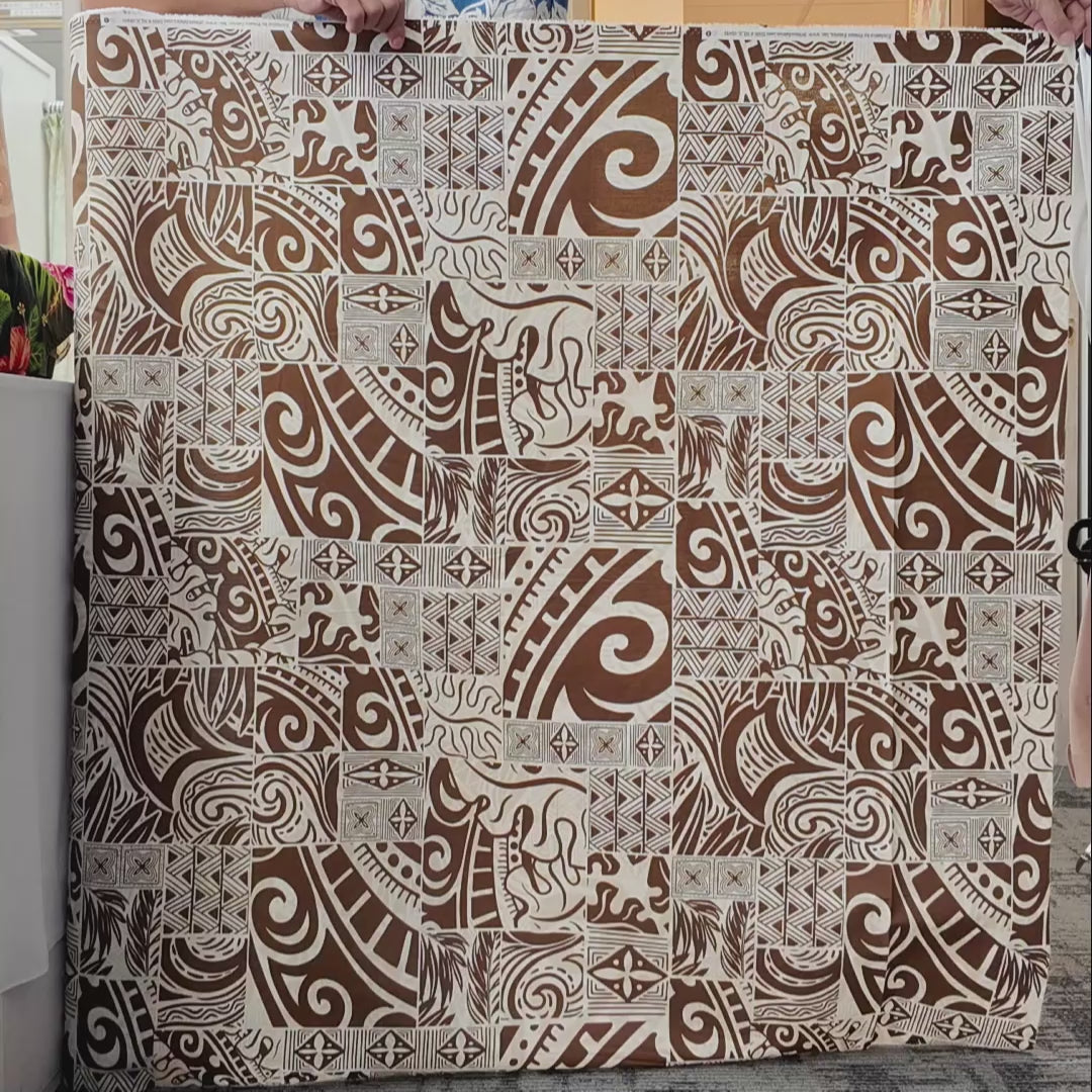 Tapa Hawaiian Print Fabric 100%Cotton/ Brown and White-5