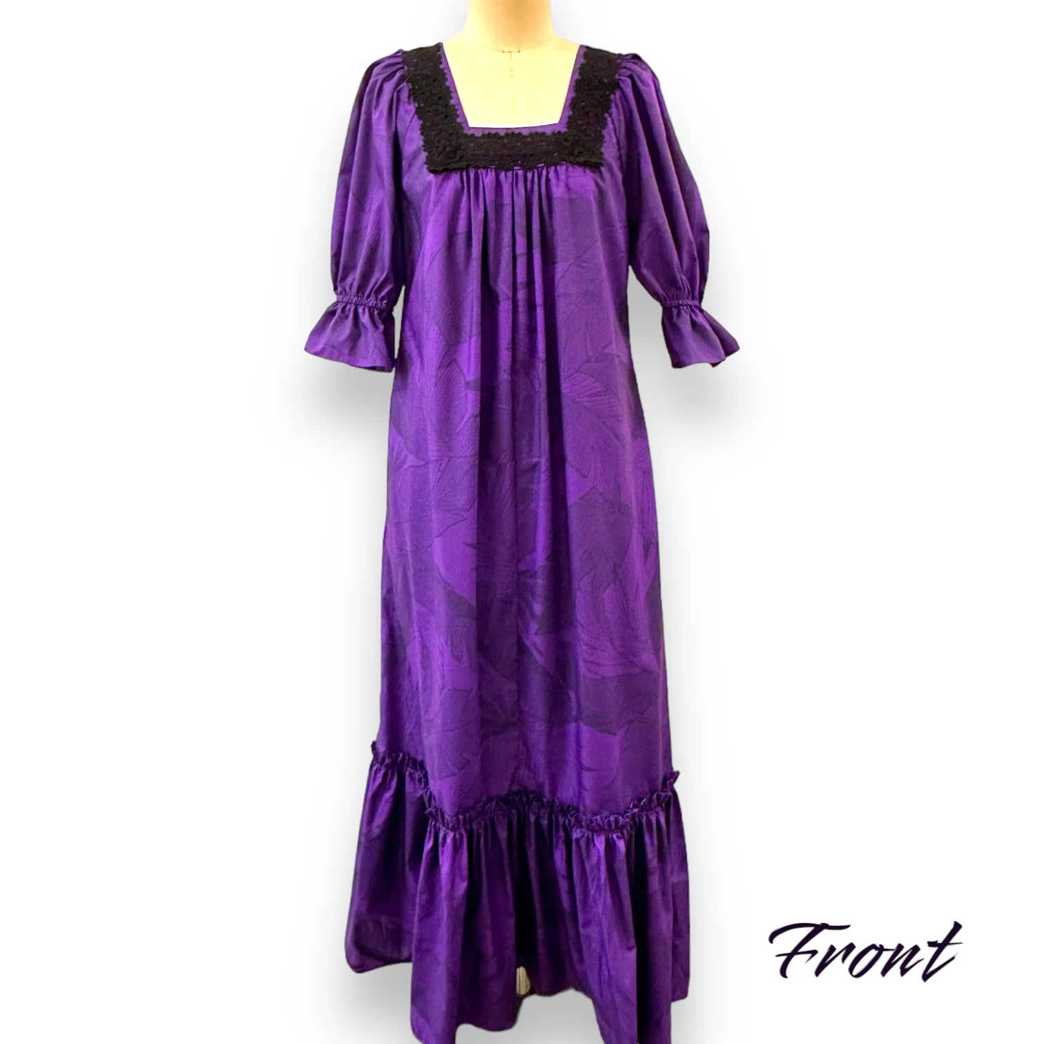 Original Print Purple Muumuu with Elegant Black Lace Trim 8891 - 0