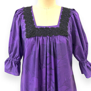 Original Print Purple Muumuu with Elegant Black Lace Trim