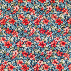 Red Hibiscus Hawaiian Fabric on Navy – 100% Cotton