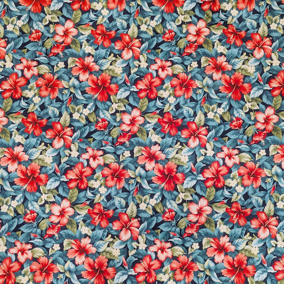 Red Hibiscus Hawaiian Fabric on Navy – 100% Cotton