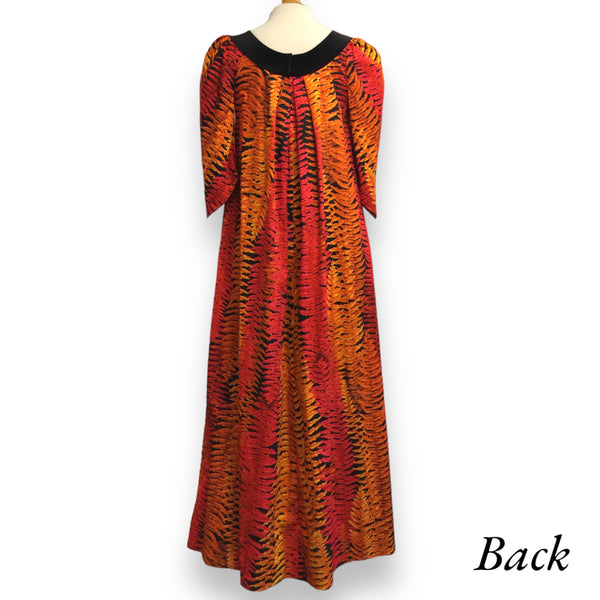 Hawaiian Fern Leaf  Black Velvet Collar Orange Muumuu Dress 2081