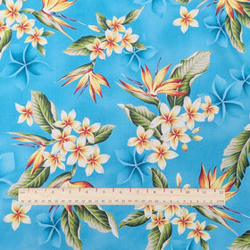 Sky Blue Plumeria & Bird of Paradise Hawaiian Fabric – 100% Cotton - 0