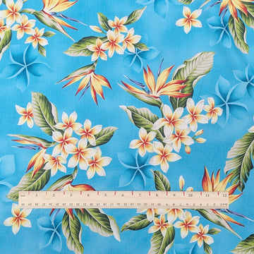 Sky Blue Plumeria & Bird of Paradise Hawaiian Fabric – 100% Cotton - 0