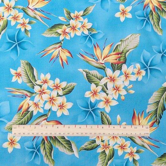 Sky Blue Plumeria & Bird of Paradise Hawaiian Fabric – 100% Cotton