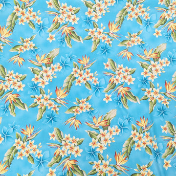 Sky Blue Plumeria & Bird of Paradise Hawaiian Fabric – 100% Cotton