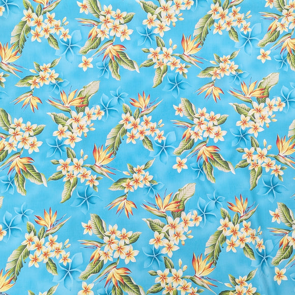 Sky Blue Plumeria & Bird of Paradise Hawaiian Fabric – 100% Cotton