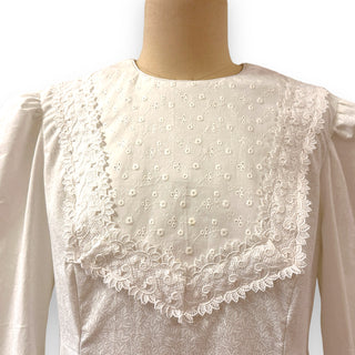 White on White Lace Trim Small Floral Prints Vintage Long Sleeve Hawaiian Dress