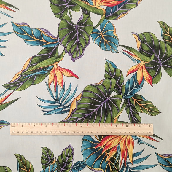 White Bird of Paradise & Tropical Leaf Hawaiian Fabric – 100% Cotton