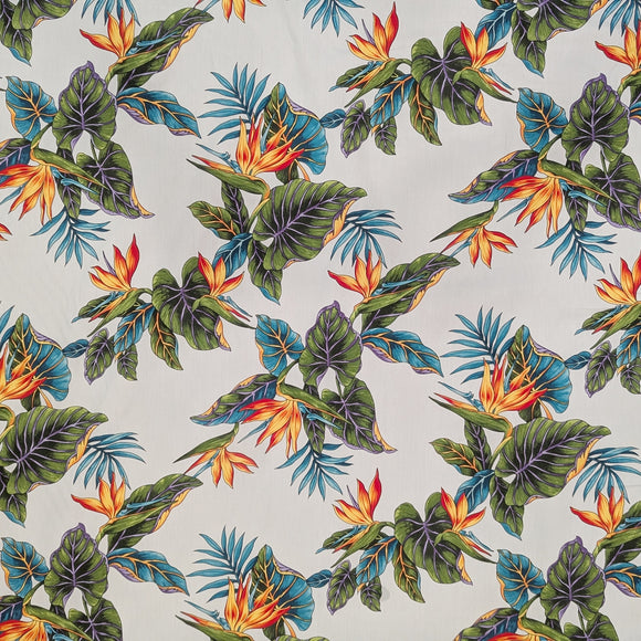 White Bird of Paradise & Tropical Leaf Hawaiian Fabric – 100% Cotton
