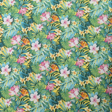 Yellow Tropical Floral Hawaiian Fabric – Monstera & Plumeria – Polycotton